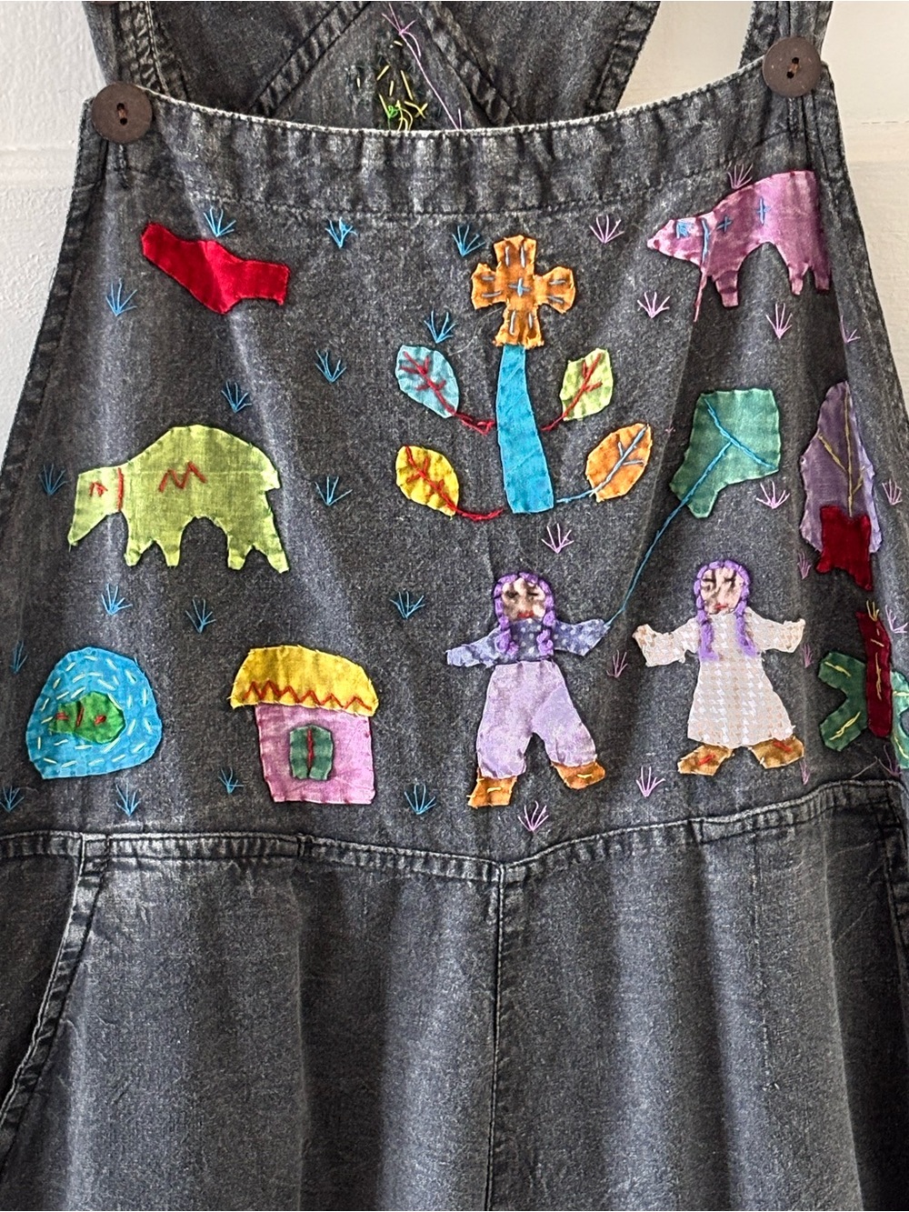 Sacred Threads Gray 100% cotton Overalls with Colorful Children Embroidery - Picture 2 of 7